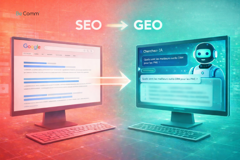 geo-seo-moteurs-recherche-ia Illustration du GEO SEO et de l’évolution du référencement vers les moteurs de recherche basés sur l’intelligence artificielle