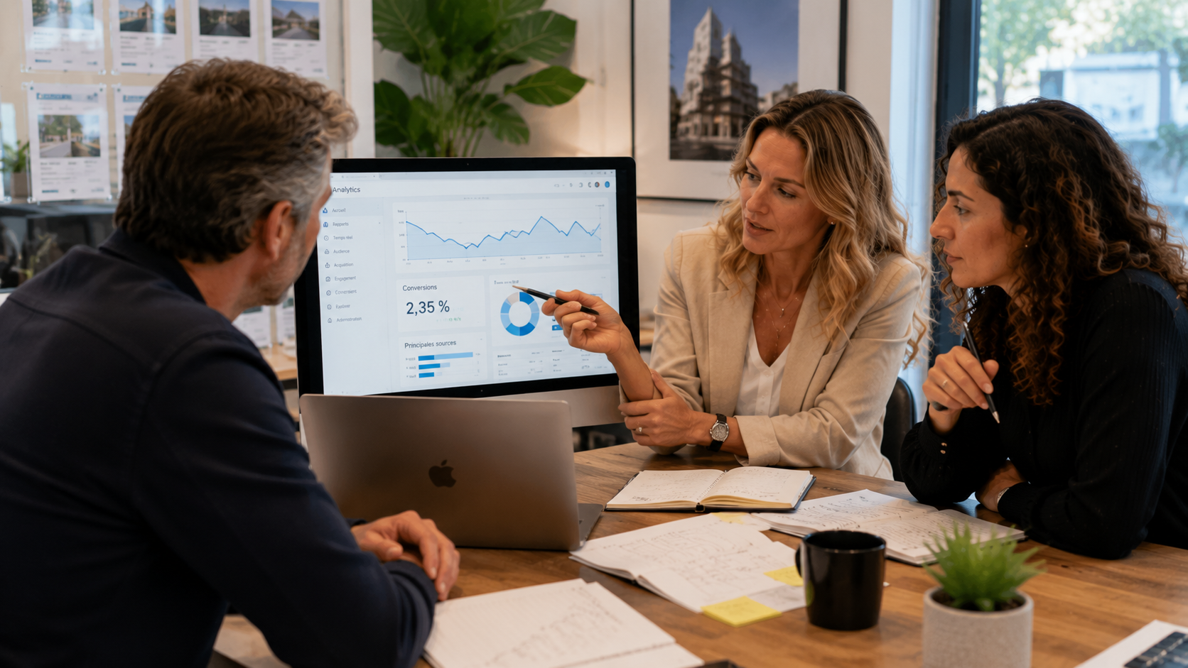 Comment améliorer le taux de conversion site Consultante en marketing présentant les statistiques Google Analytics pour améliorer le taux de conversion d'un site internet